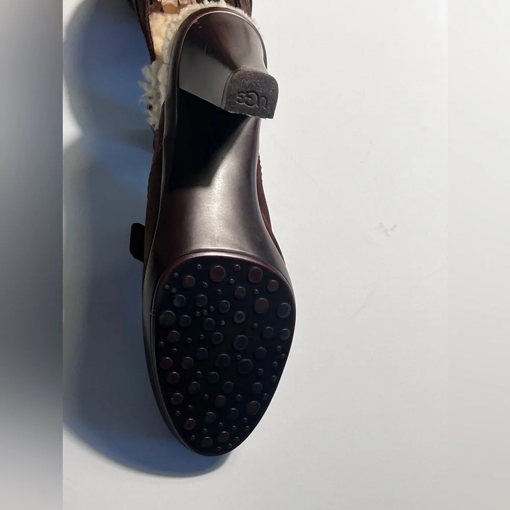 UGG Isabella Brown Suede Sheepskin Buckle Clog Block Heels